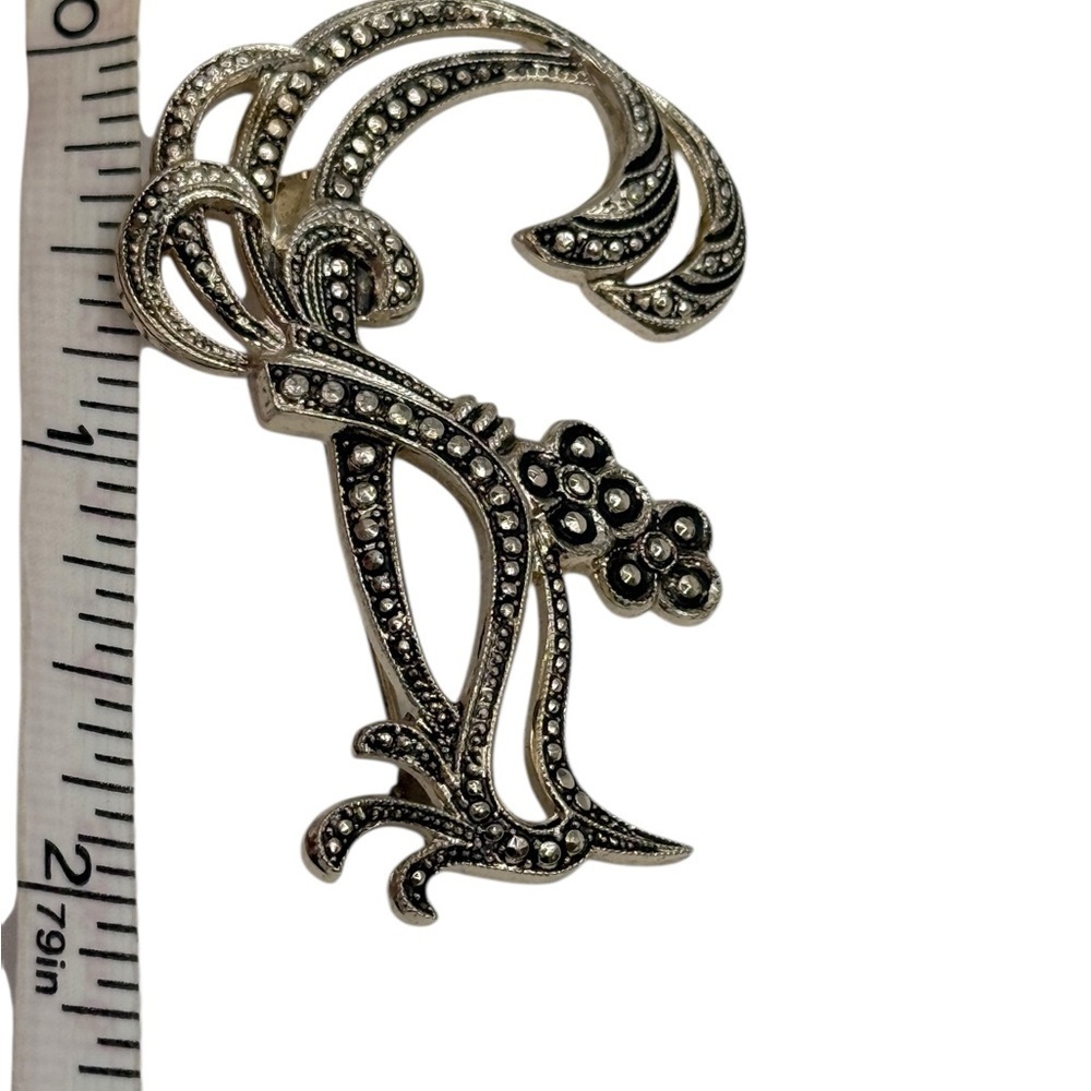 Silver Marcasite Ribbon Open Plume Brooch Pin west Germany